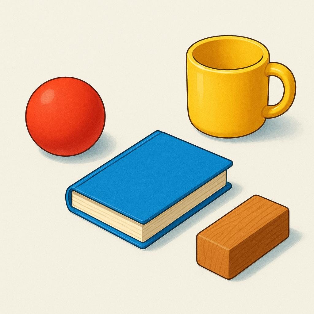 A simple colorful storybook illustration featuring four distinct physical items: a red ball, a blue book, a yellow cup, and a brown wooden block, arranged together.
