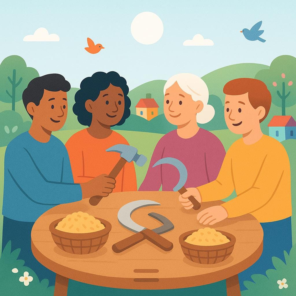 A colorful storybook illustration showing various community members harmoniously sharing farming tools and harvested grain equally, symbolizing shared ownership.