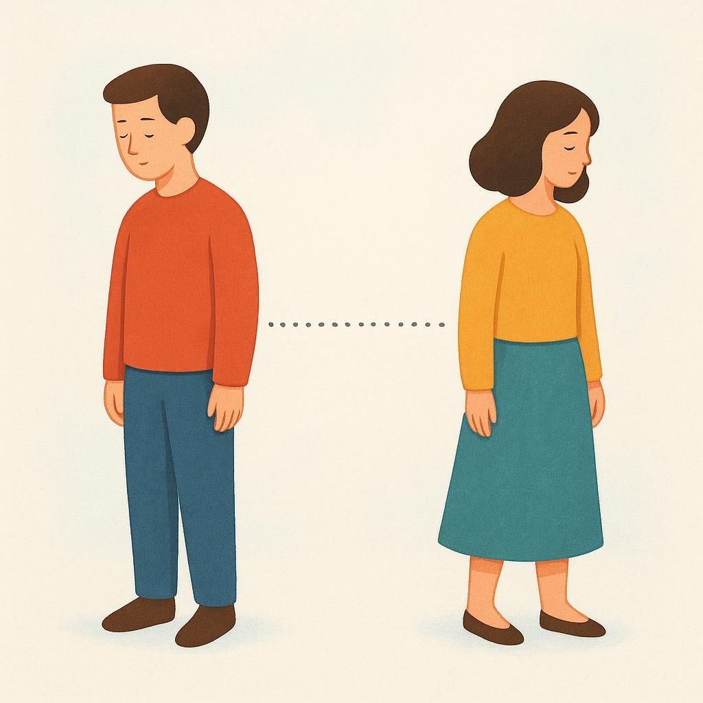 Two stylized human figures, a man and a woman, standing a short distance apart. A single, thin, dotted line connects them, representing a past relationship.