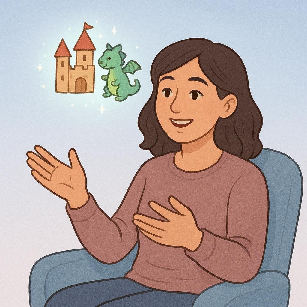 A smiling young woman sitting comfortably, gesturing with her hands while speaking, with small, glowing illustrations of a tiny castle and a miniature dragon floating above her head, representing the story she is telling.