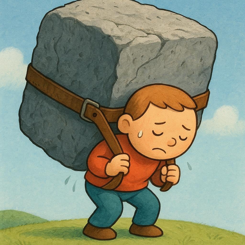 A small, simple character is hunched over, struggling under the weight of a massive, rough, gray stone block strapped to their shoulders, symbolizing a heavy responsibility or burden.