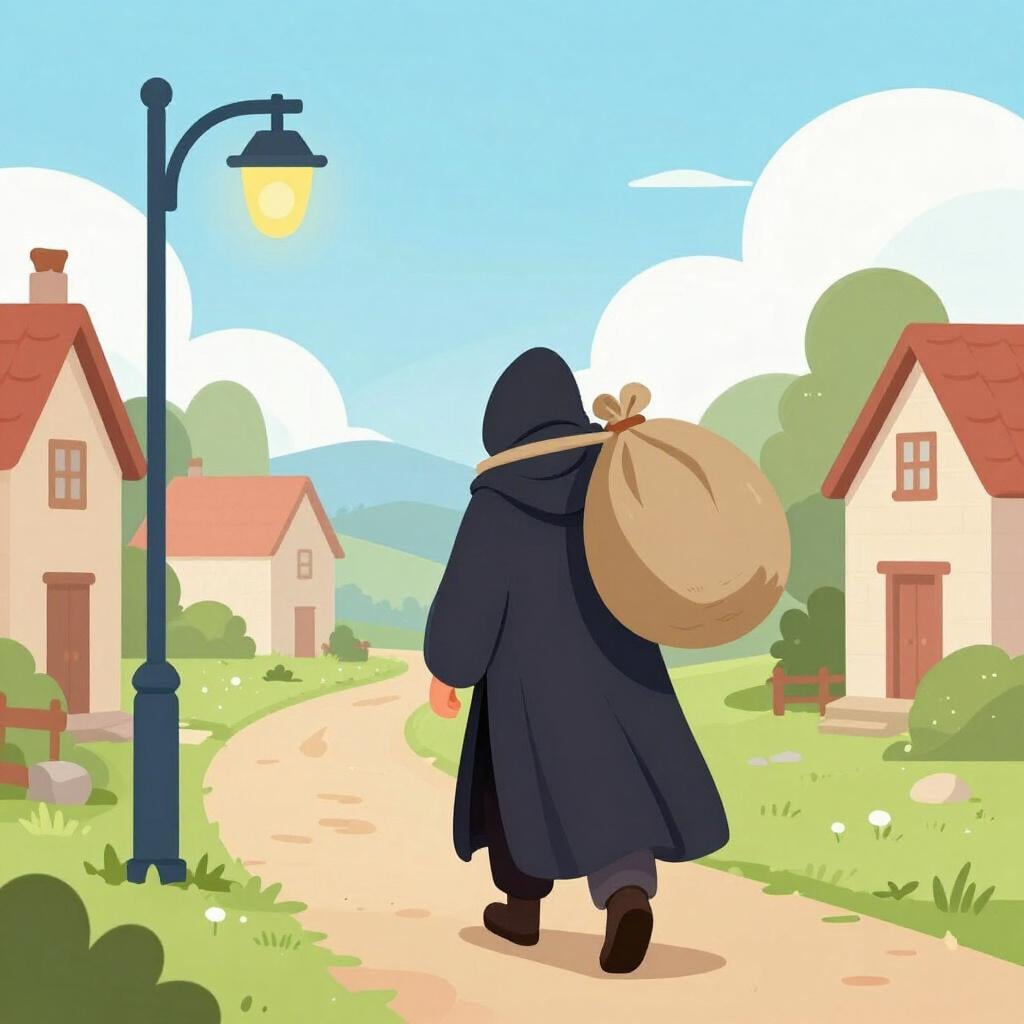 Une silhouette sombre marchant rapidement avec un gros sac lourd sur l'épaule dans une ruelle sombre.