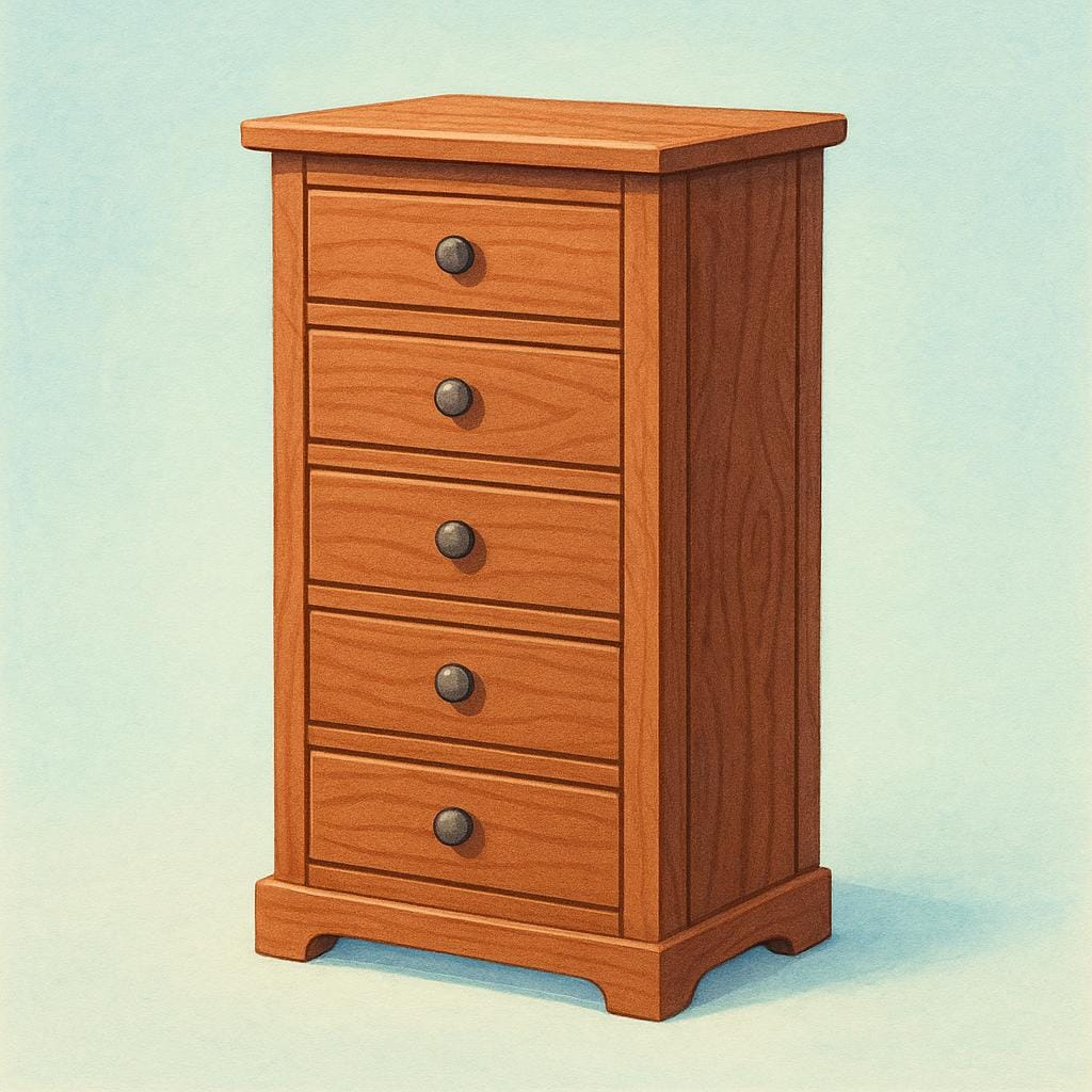 Een houten meubelstuk, specifiek een hoge ladekast met vijf lades en handvatten.