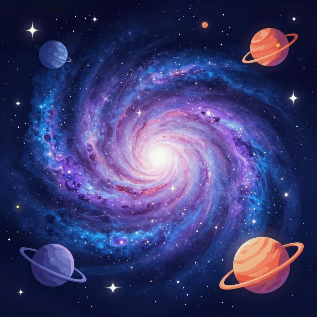 깊고 푸른 우주 공간에 다채로운 별, 행성, 성운으로 가득 찬 소용돌이치는 은하계의 생동감 넘치는 일러스트레이션.