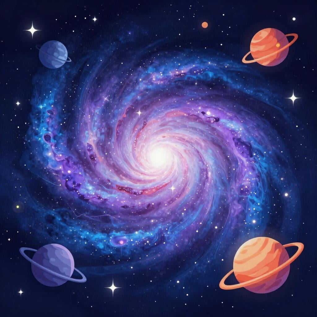 A vibrant illustration of a swirling galaxy filled with colorful stars, planets, and nebulae in a deep blue space.