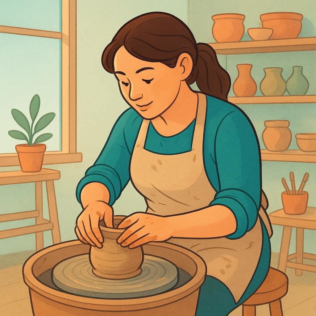 A focused woman master craftswoman working on a spinning potter's wheel, shaping wet clay with her hands in a brightly lit studio.