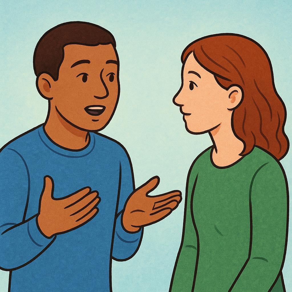 A character speaks directly and openly to a listener, using hand gestures that emphasize straightforward communication, representing 'frankly'.