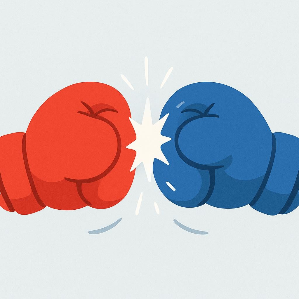 A simple illustration showing a red boxing glove striking a blue boxing glove in mid-air, with motion lines indicating a forceful impact, symbolizing physical blows.