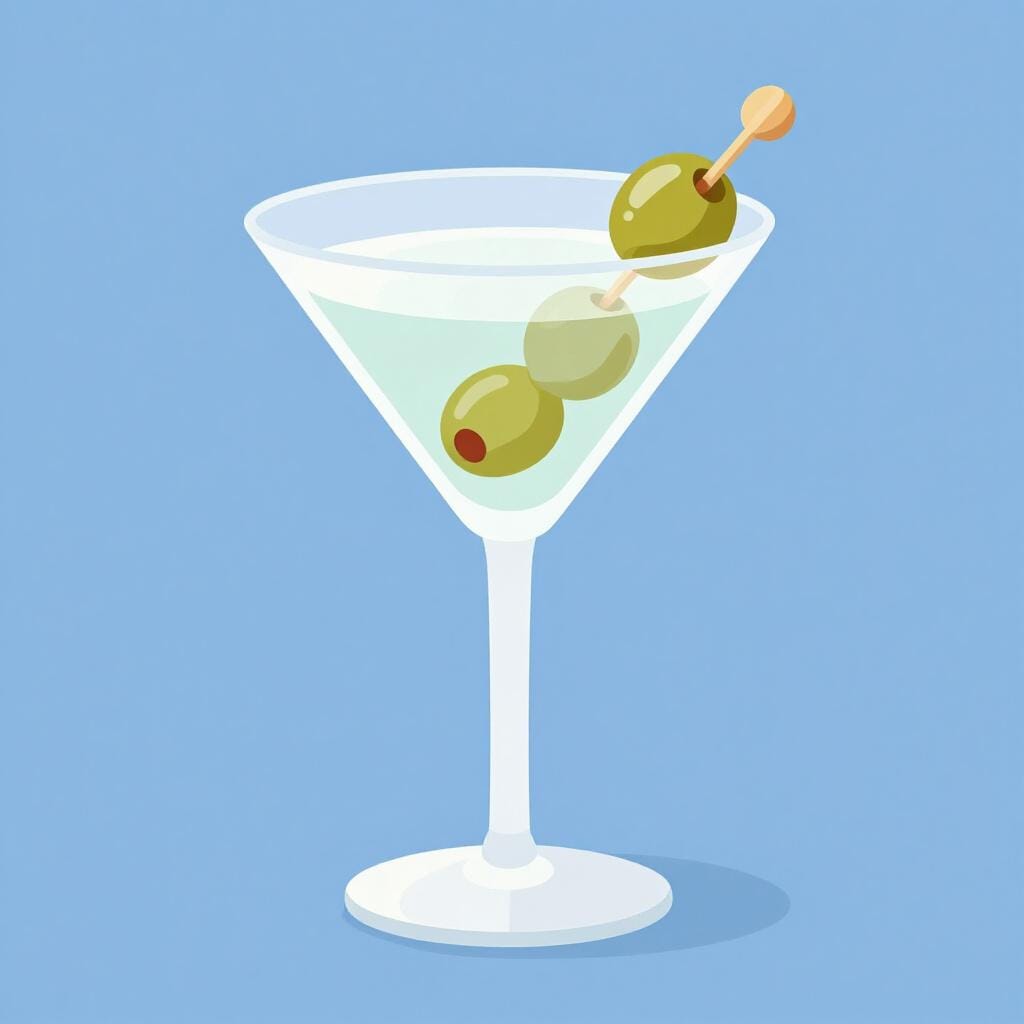 Um cocktail clássico transparente numa taça em forma de V com uma azeitona verde num palito.