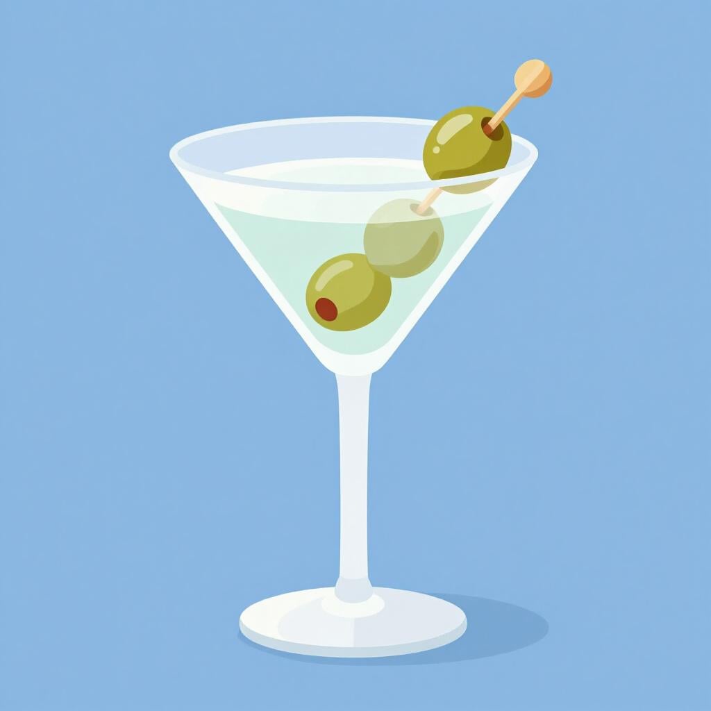 Ein klassischer klarer Cocktail in einem V-förmigen Glas mit einer grünen Olive auf einem Zahnstocher.