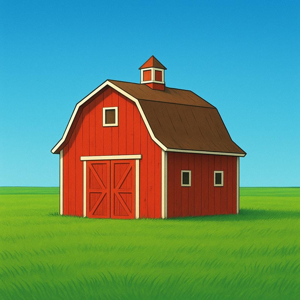 Een eenvoudige kinderboekillustratie van een grote, vertrouwde felrode schuur die prominent in het midden van een groen veld staat, wat iets bekends symboliseert.