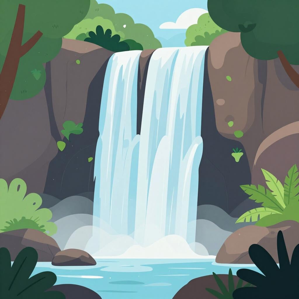 A powerful waterfall cascading down a lush green cliff into a pool of blue water.