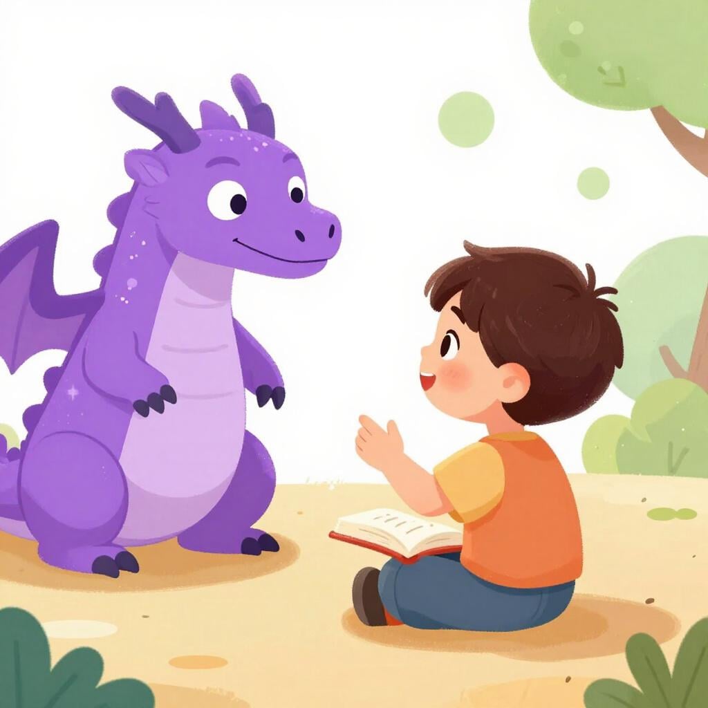 想像力豊かな表情をした子供が、部屋の中にいる親しみやすい紫色のドラゴンの指を差している。