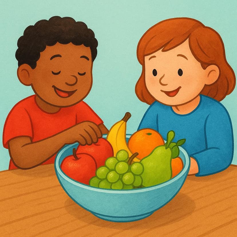 Two smiling people sitting at a picnic table sharing a bowl of colorful fruit.