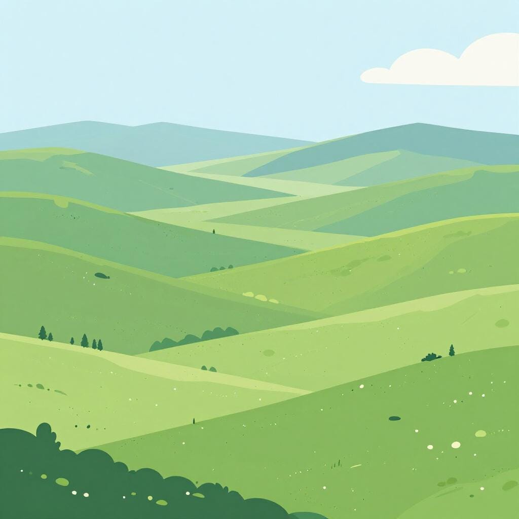 A vast, rolling green landscape stretching toward distant mountains under a blue sky.