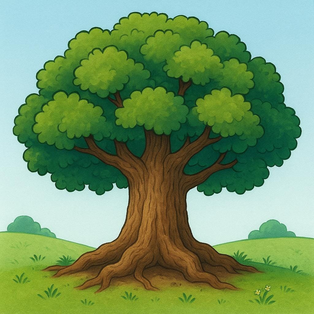 A massive, ancient oak tree with deep, visible roots anchoring it securely into the ground, symbolizing lasting security and permanence.