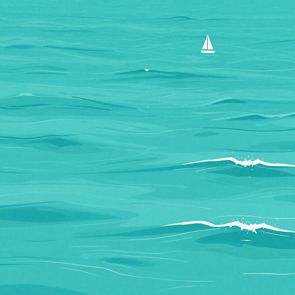 A vast, calm turquoise sea with a small sailboat on the horizon under a clear blue sky.