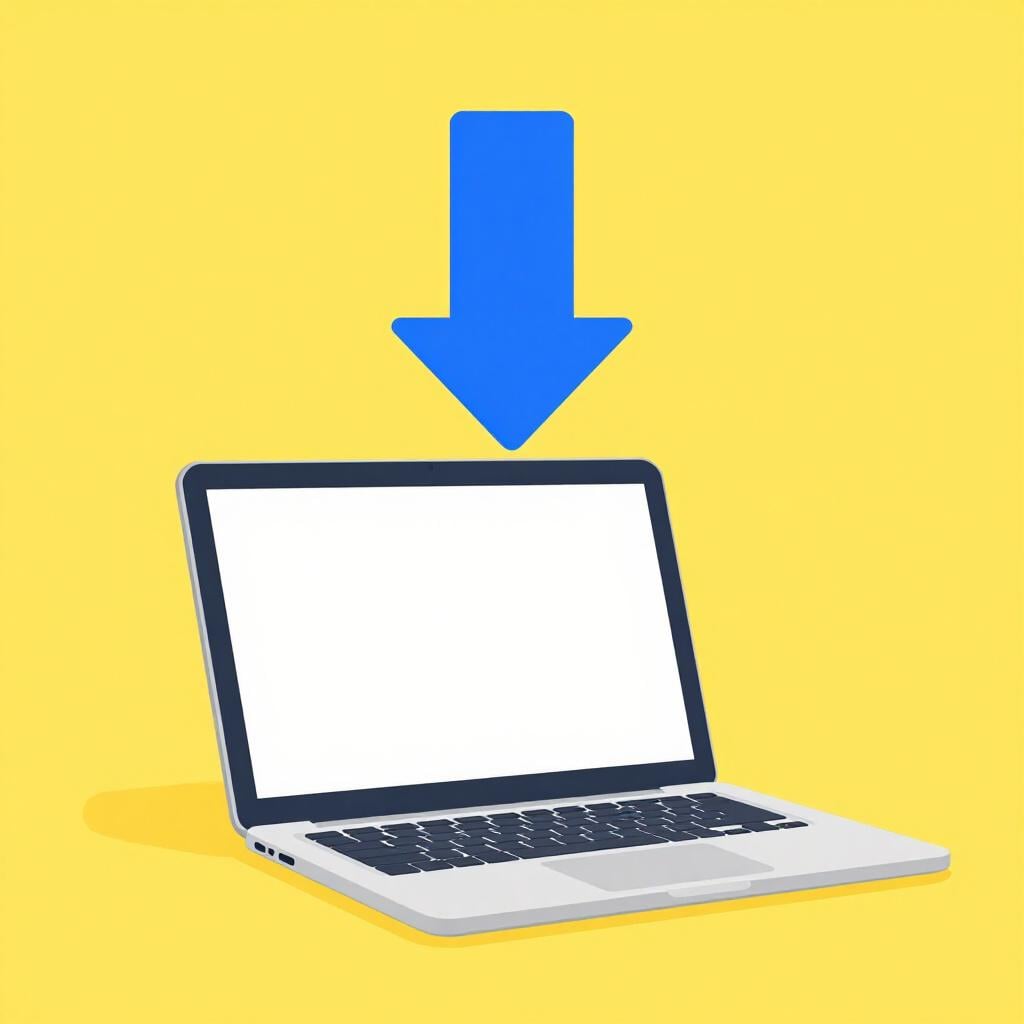 A blue arrow pointing down onto a silver laptop computer.