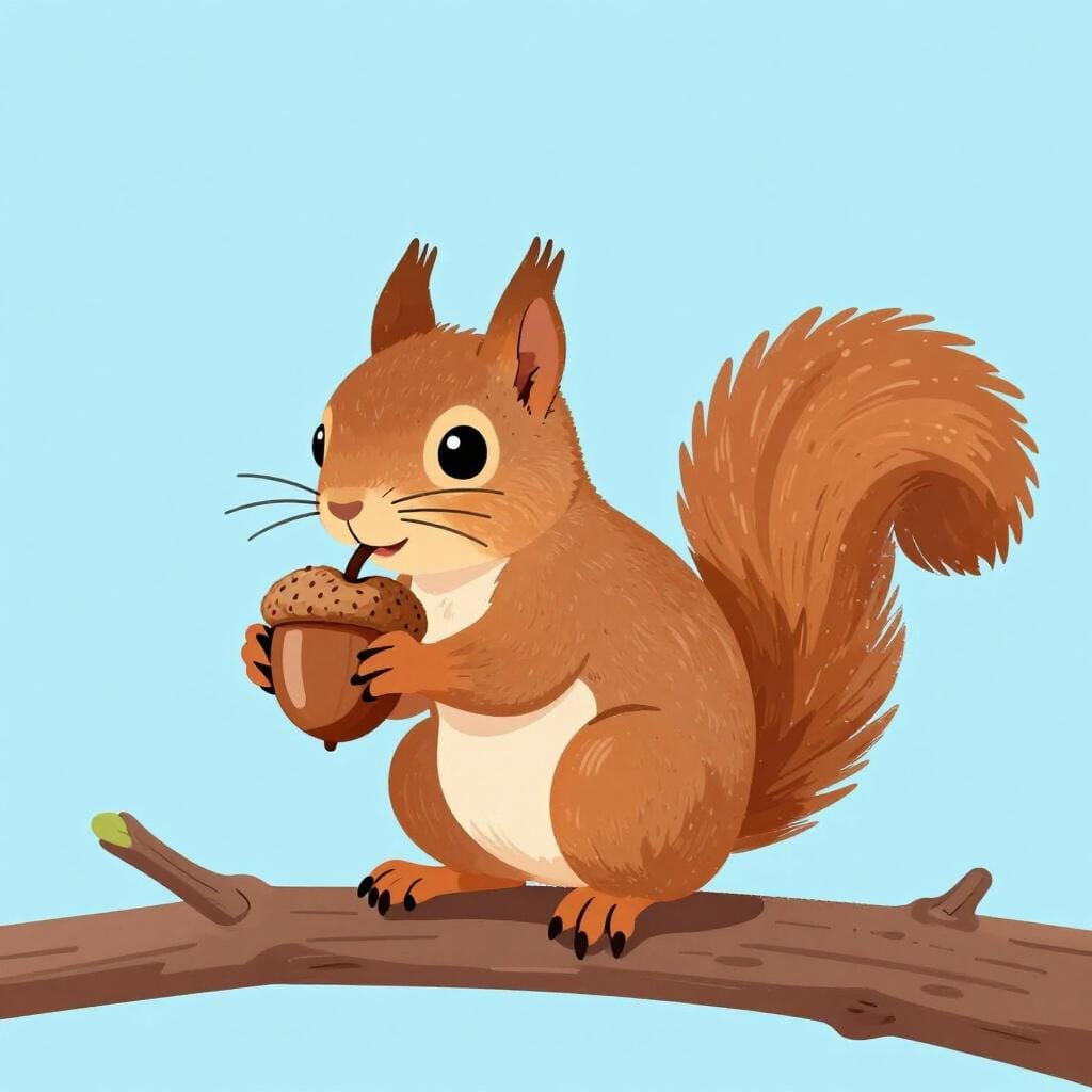 A small brown squirrel holding a large acorn and chewing on its hard shell.