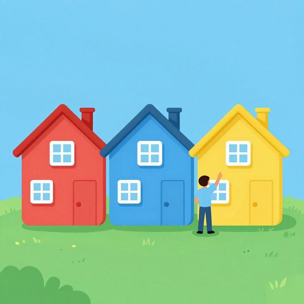 Eine farbenfrohe Bilderbuchillustration von drei verschiedenen Häusern in einer Reihe entlang eines Weges, wobei eine Person vor dem ersten Haus steht und auf das dritte Haus zeigt.