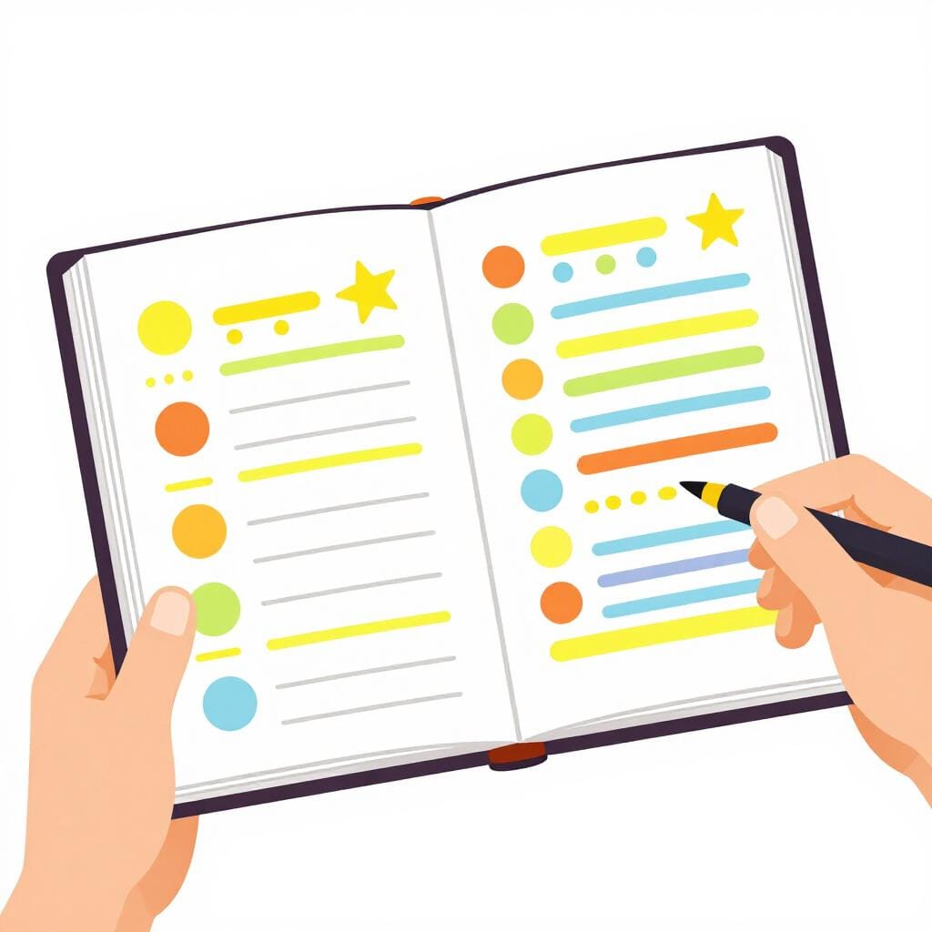 A person holding a physical planner with colorful stickers and markings to organize events.