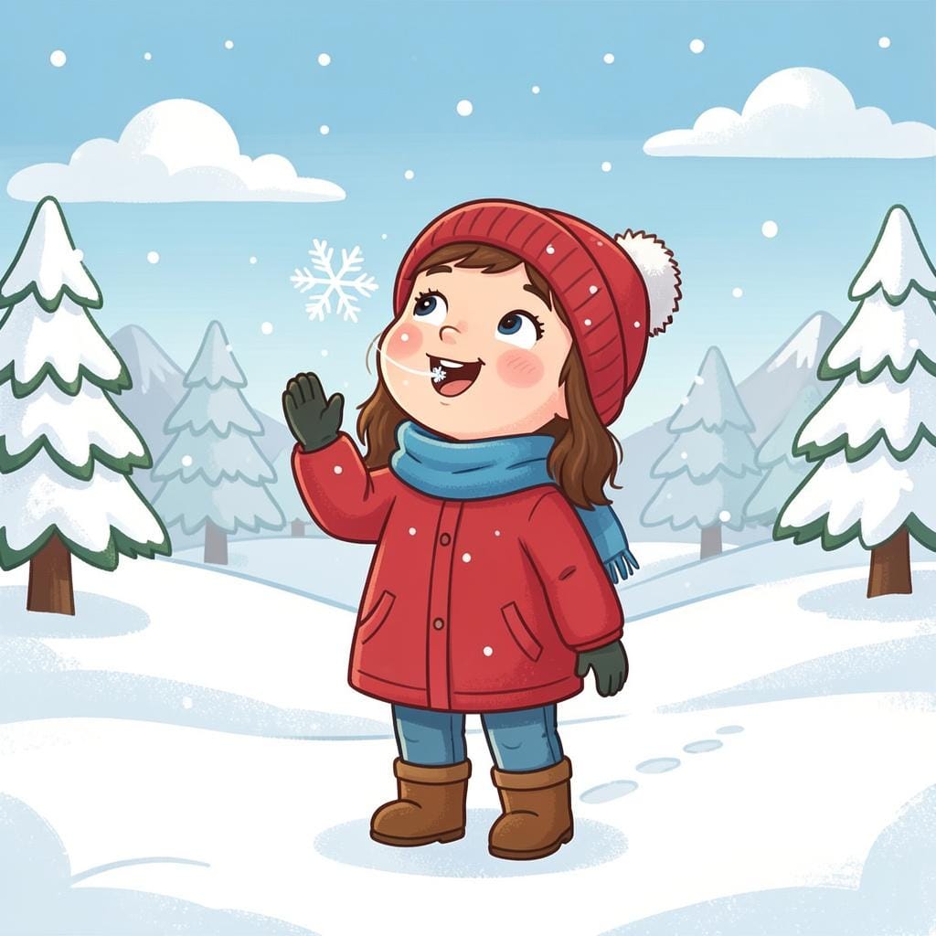 A young girl with a look of wonder on her face as she feels the cold snow falling on her tongue.