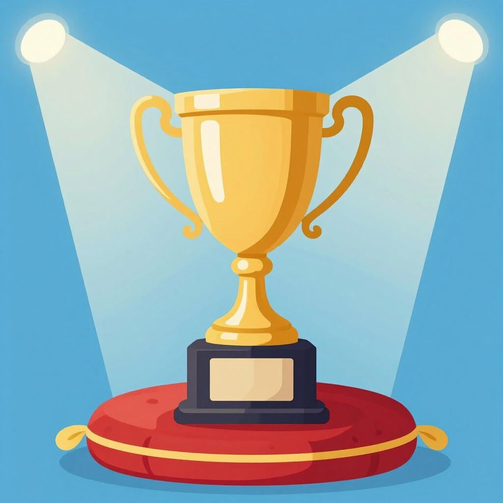 Een persoon die op een rode loper staat voor een fluwelen gordijn met een glimmende gouden trofee in de hand.