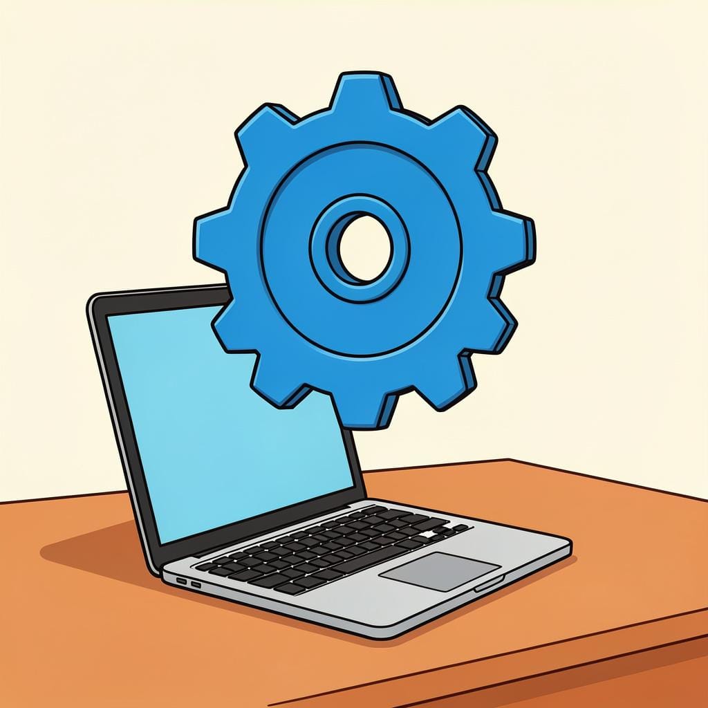 A glowing blue gear floating above a sleek laptop computer.