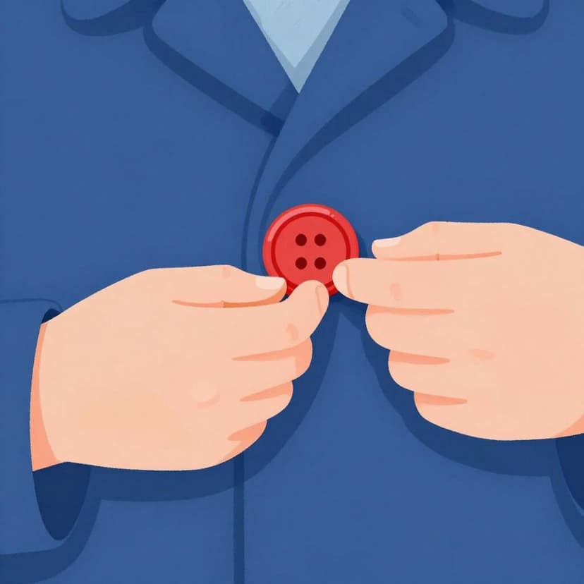 Gros plan d'une main attachant un gros bouton rouge rond sur une veste bleu vif.