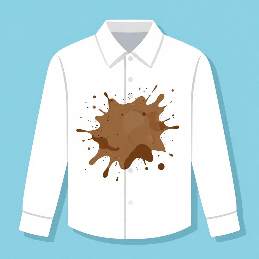 A white shirt with a large brown mud splatter on the front.