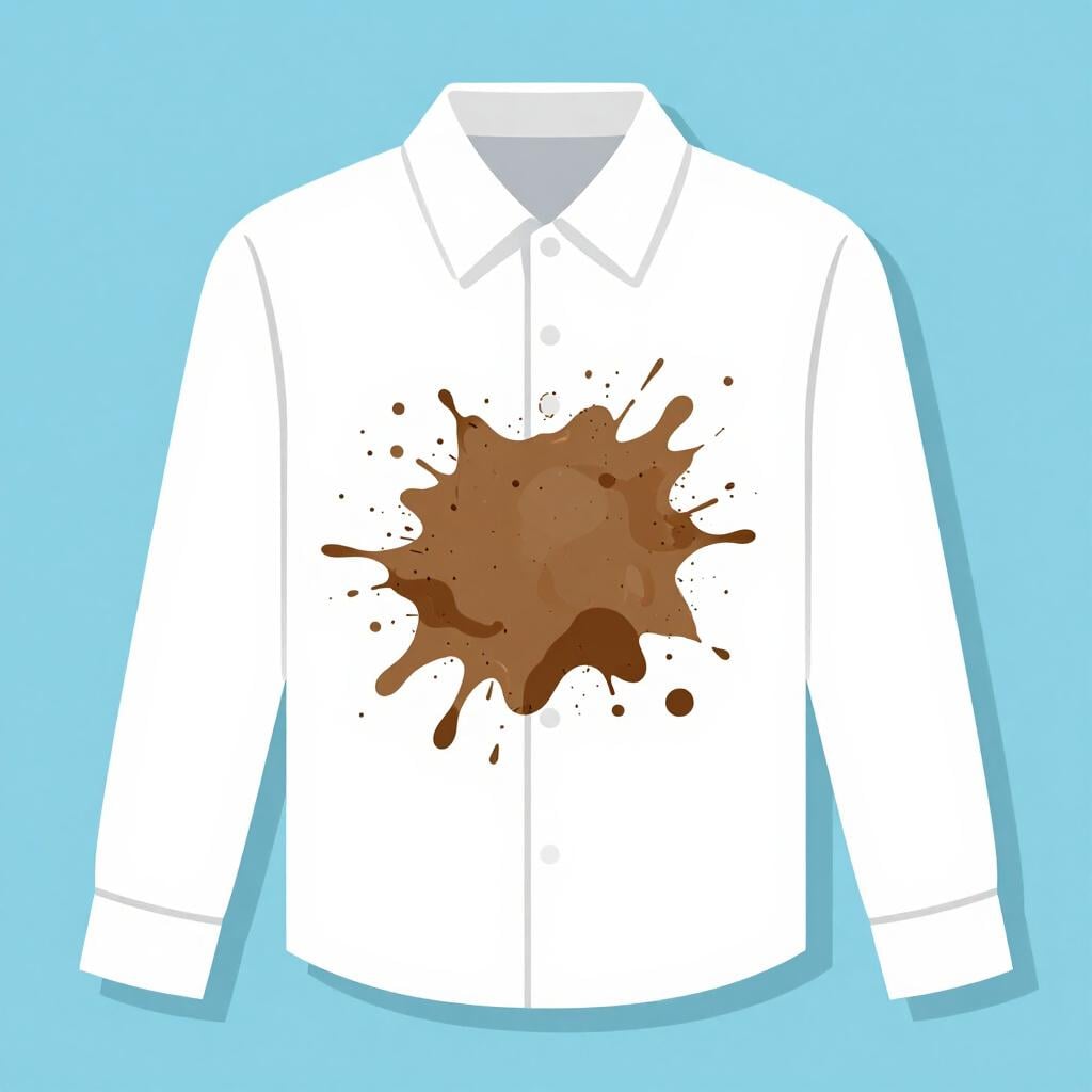 A white shirt with a large brown mud splatter on the front.