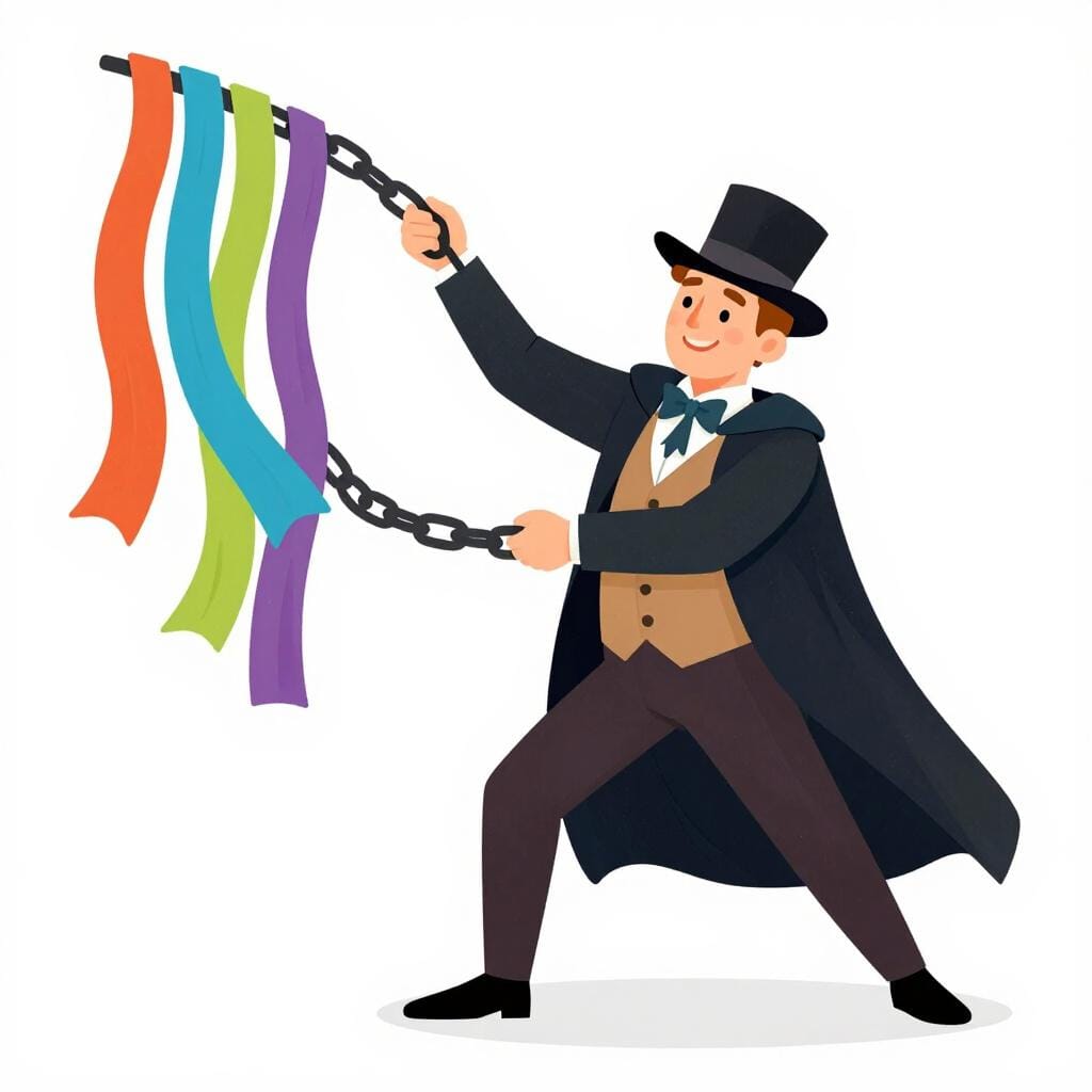 A person performing a magic trick, pulling a long string of colorful scarves from their hand while an audience watches in awe.