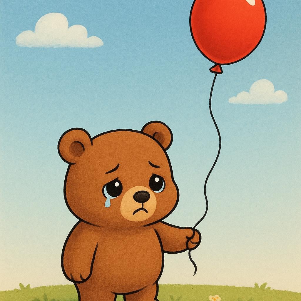 A sad bear cub watches its bright red balloon float away into the sky, symbolizing loss.