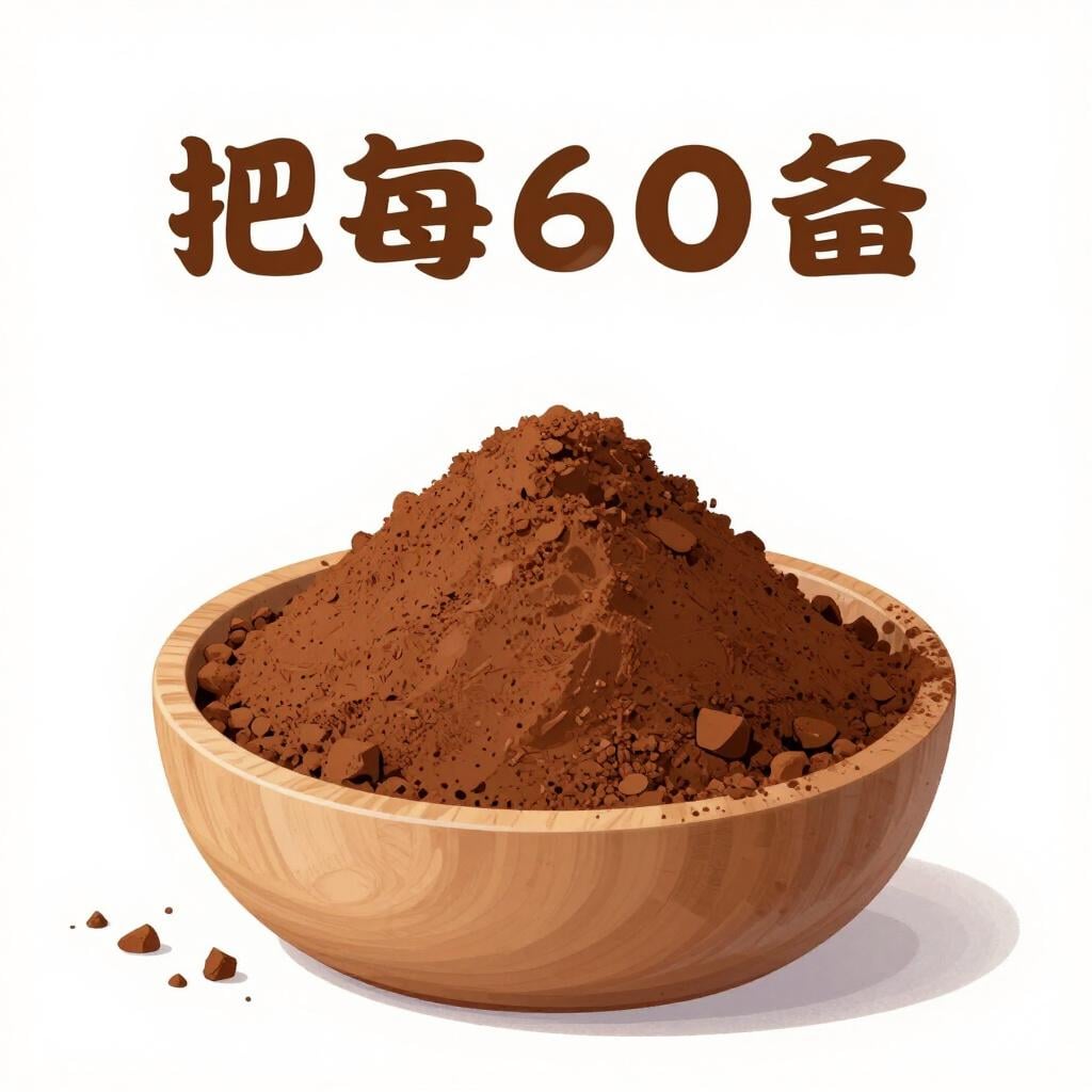 Un bol en bois rempli de poudre de cacao fine et brune sur une table rustique.