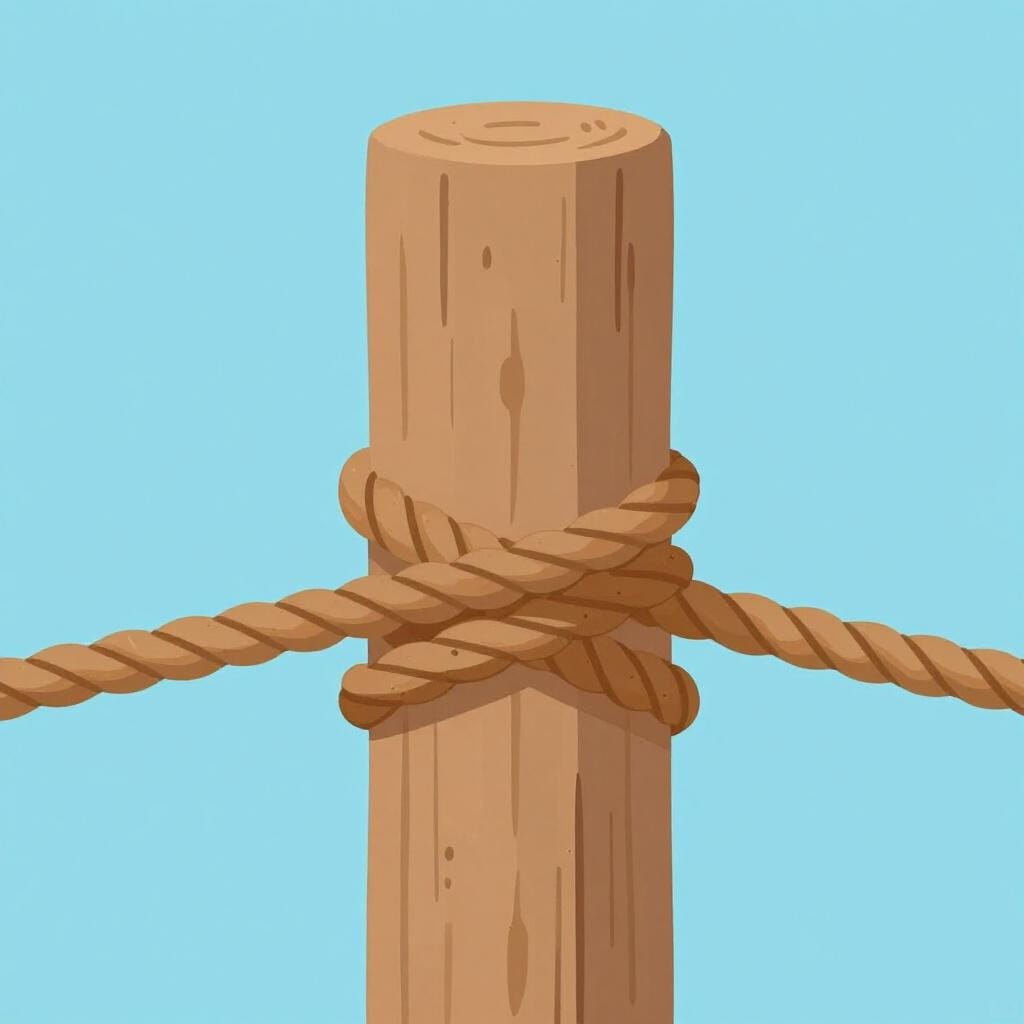 A simple illustration of a thick rope tied in a tight knot around a wooden post, showing pressure.