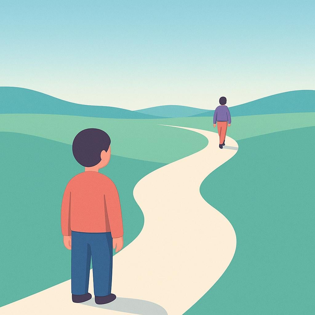 A storybook illustration depicting one stylized figure walking away down a path toward the horizon, leaving a single, small figure standing alone in the foreground, illustrating abandonment.