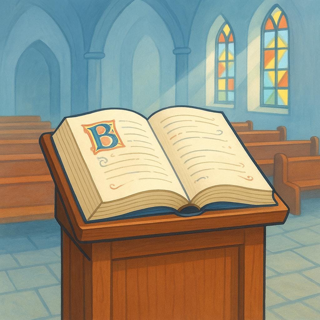 An open, large, heavy book (representing sacred text) placed on a wooden pulpit, symbolizing religious service.