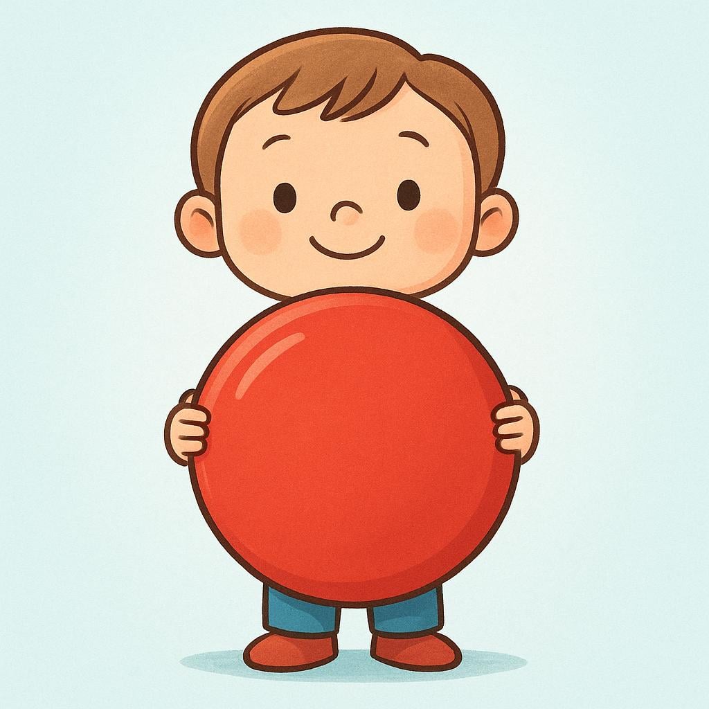 A friendly cartoon child standing and holding a large, round red shield firmly in front of their body, demonstrating self-protection.