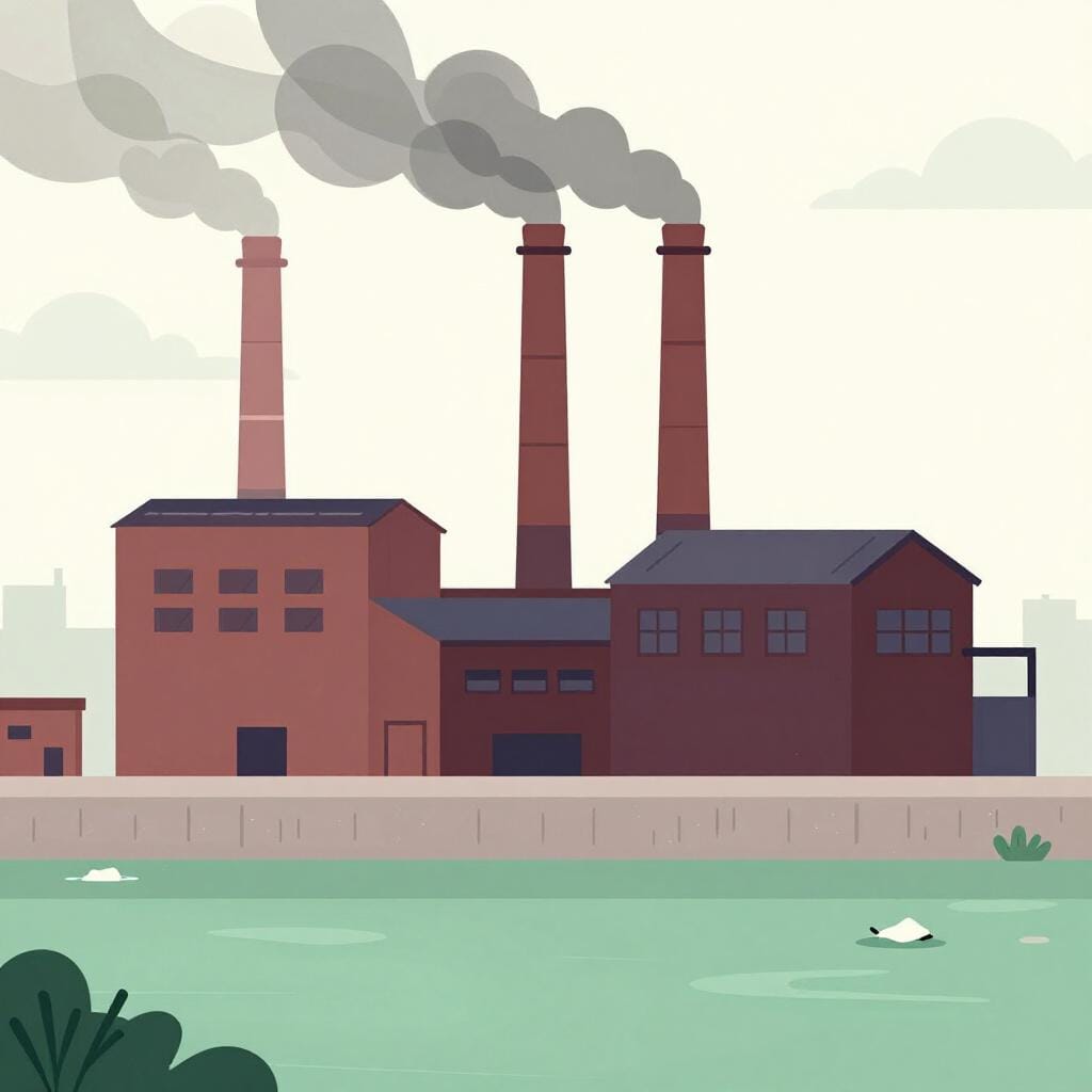 A factory with dark smoke coming out of its chimneys next to a river with green murky water.