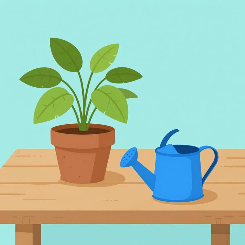 Een verwelkte, slappe plant in een droge pot naast een volle gieter die genegeerd wordt.