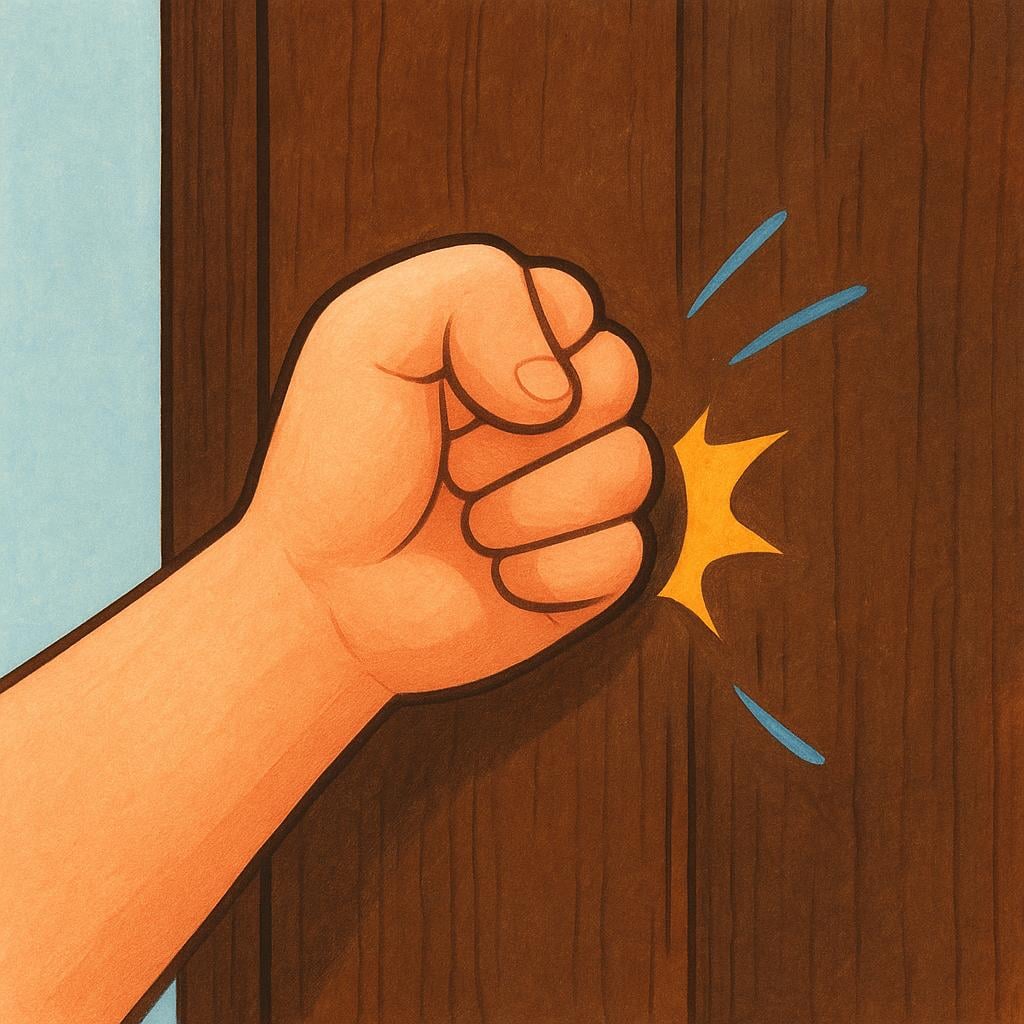 A fist making contact with the dark brown wooden surface of a door, illustrating knocking.