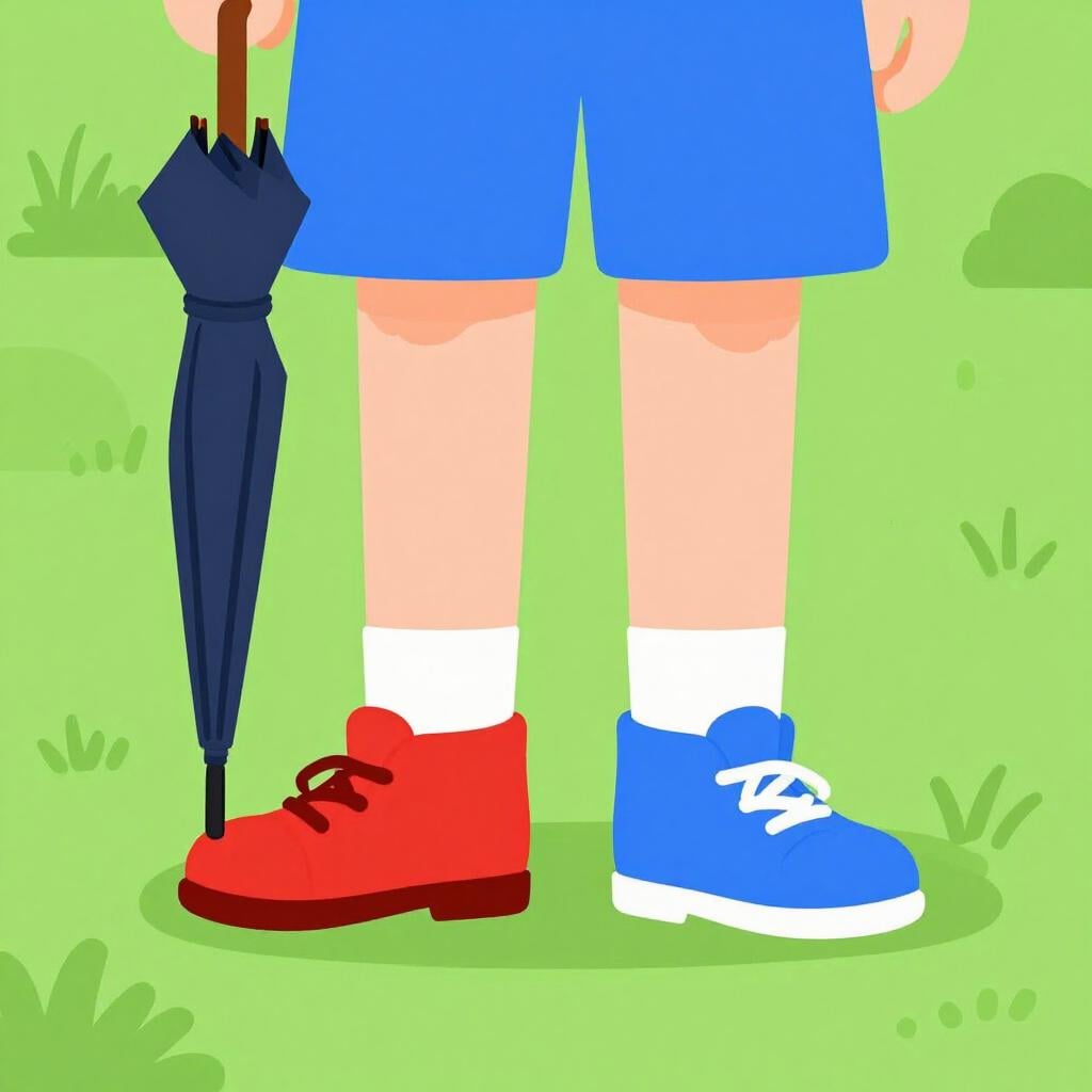 A person holding an umbrella while it is sunny, wearing two different colored shoes and looking around with a puzzled face.