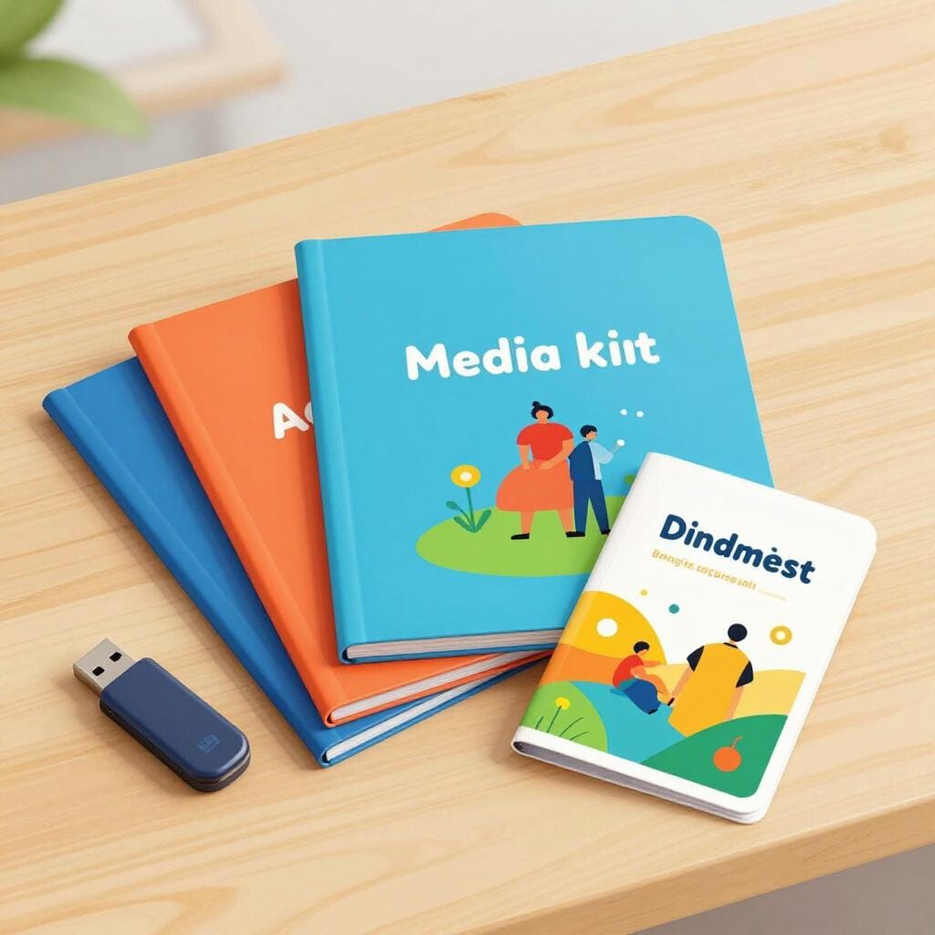 A collection of colorful folders, brochures, and a flash drive neatly arranged on a table.