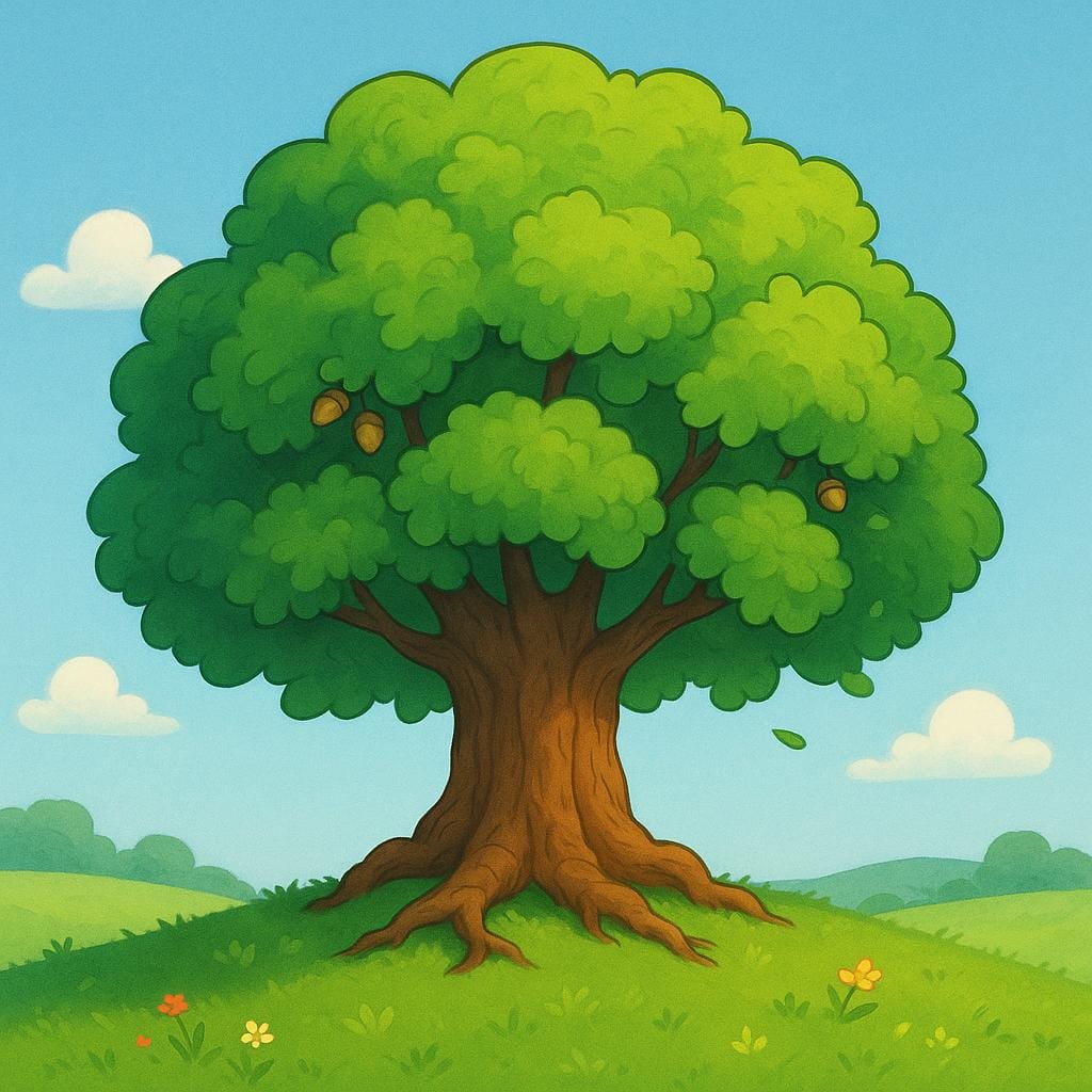 Un immenso e antico albero di quercia verde che si erge da solo in un vasto campo erboso e soleggiato.