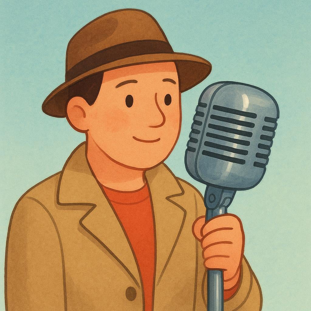 A cartoon illustration of a journalist holding a large, simple microphone, symbolizing the news media.