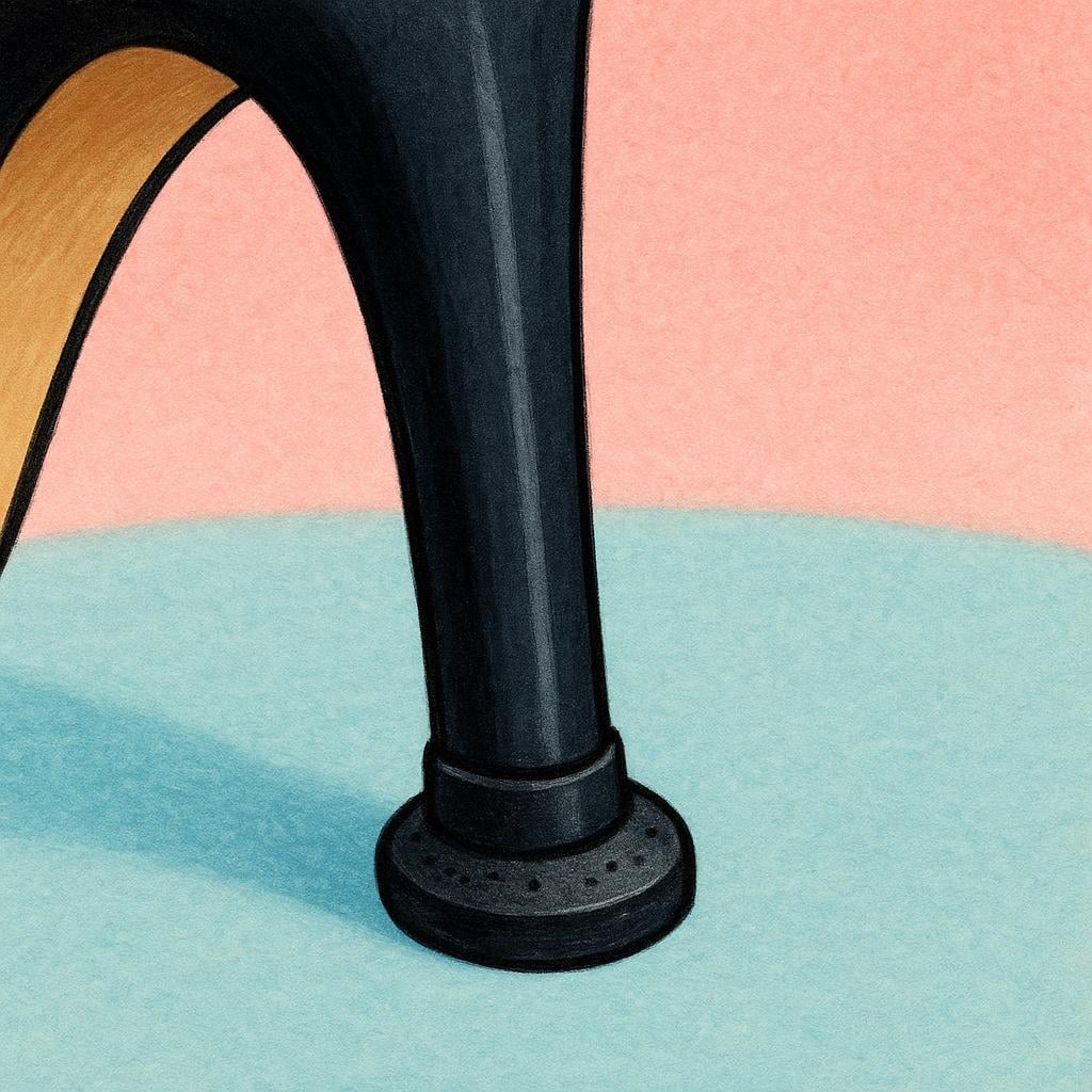 A detailed close-up of the bottom end of a slender black high heel, showing the small, round, black rubber heel tip.