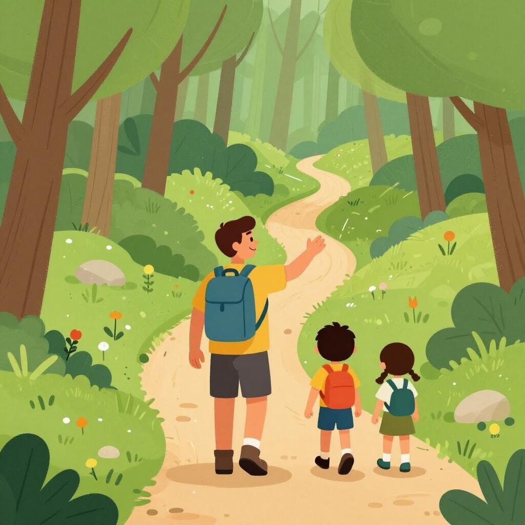 A friendly hiker leading a group of people through a lush forest path.