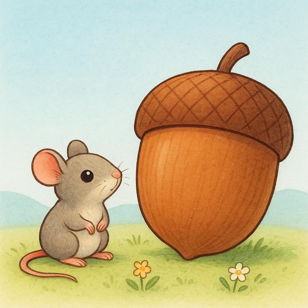 A tiny brown field mouse sitting next to a very large, imposing brown acorn, emphasizing the size difference.