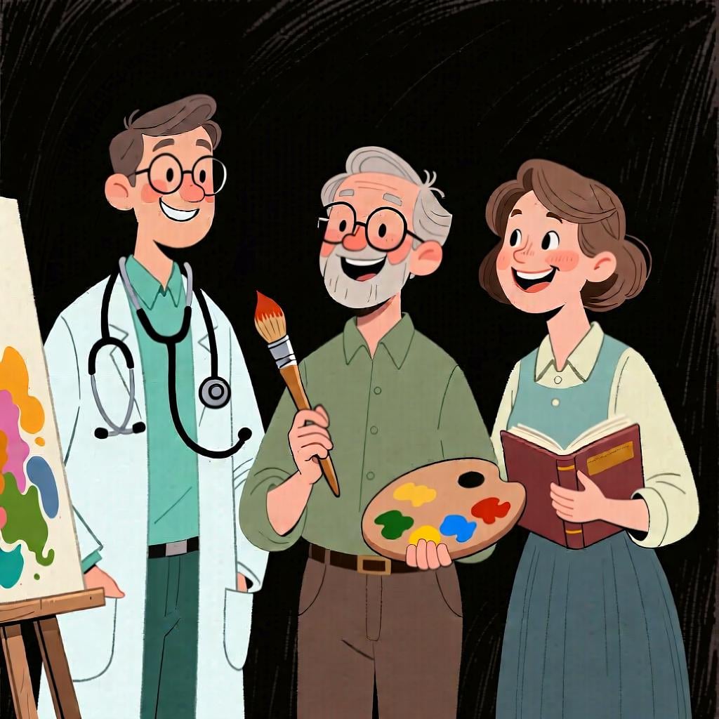 A group of diverse people, including a doctor, an artist, and a teacher, smiling together to represent their professions and identities.