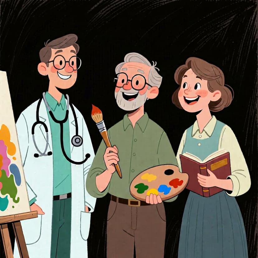 A group of diverse people, including a doctor, an artist, and a teacher, smiling together to represent their professions and identities.